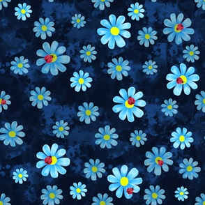 Small Red Lady Bugs on Blue Daisy Flowers