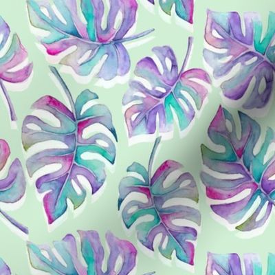 Mint Purple Monstera Pattern - Plant Lover Pattern - Leaves - Leaf Pattern - Tropical Leaves Patter - Watercolor - Hand Drawn - Mint - Blue - Beach Pattern