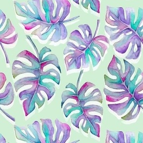 Mint Purple Monstera Pattern - Plant Lover Pattern - Leaves - Leaf Pattern - Tropical Leaves Patter - Watercolor - Hand Drawn - Mint - Blue - Beach Pattern