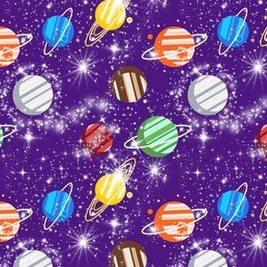 Planets and stars in a galaxy on purple