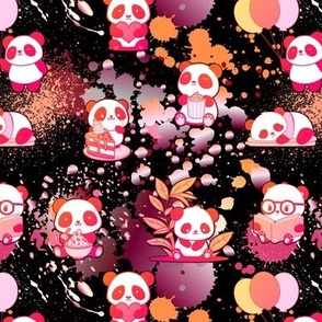 Pandas and Paint pink and orange and white on black