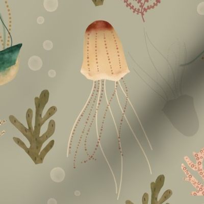 Under the sea - Jellyfish vintage green L