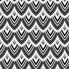 Mod Retro Funky Bohemian Groovy Monochrome Black and White Feather Scale Scallop Pattern