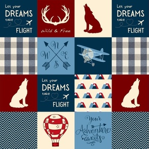 “Your Adventure Awaits” Woodland Patchwork with Wolf, Biplane, and Hot Air Balloon in Navy, Red and Tan, 4x3 4.5”SQ