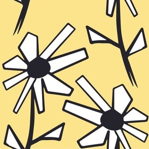 Wild Daisy Flowers - Abstract Flower Garden - Black n White on Yellow Blush - Large 