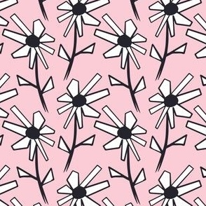 Abstract Wild Daisy Flowers Garden Black and White on Pink Blush - small
