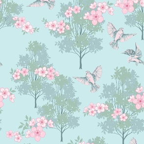 Robin's Orchard Floral Toile - Robin's Egg Blue & Petal Pink - Large Scale 