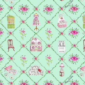 Pink Flowers and Small Doll House Furniture on Trellis, "Lillybellls", (small pattern) on soft green background  by Mona Lisa Tello 