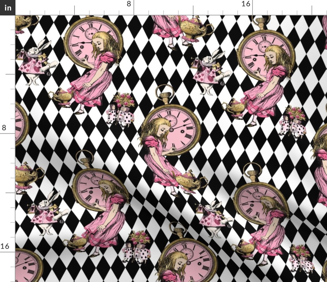 Alice in Wonderland Tumbling Down the Rabbithole in Pink, Black and White