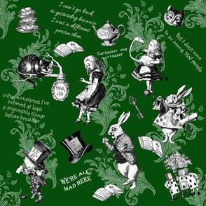 Alice in Wonderland Bottle Green -  Quotes and Teapots Fabric