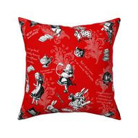 Alice in Wonderland Bright Red Quotes and Teapots Fabric