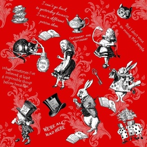 Alice in Wonderland Bright Red Quotes and Teapots Fabric