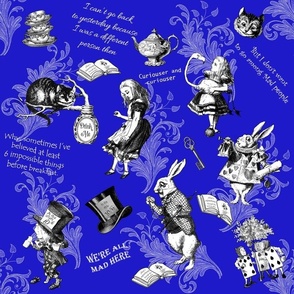 Alice in Wonderland Teacups and Quotes Fabric - Royal Blue