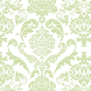 Vintage  Victorian Damask Pattern Pastel Green On White