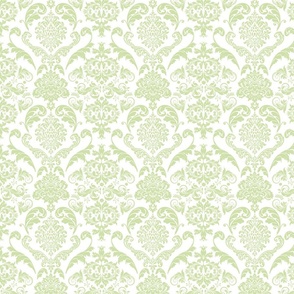 Vintage  Victorian Damask Pattern Pastel Green On White Smaller Scale
