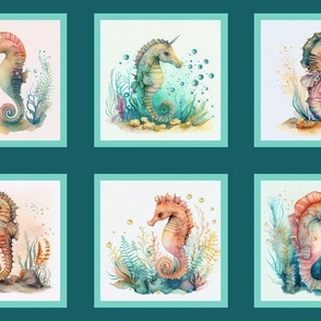 6" tiles SEAHORSES CUTE UNDERWATER DEEP TEAL TURQUOISE CHECKERBOARD FLWRHT