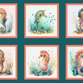 6" tiles SEAHORSES CUTE UNDERWATER DEEP TEAL CORAL CHECKERBOARD FLWRHT