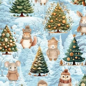 ANIMALS AND CHRISTMAS TREE WINTER PASTEL SNOWY FOREST TURQUOISE BLUE FLWRHT