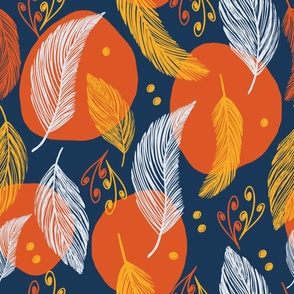 Large - Yellow and White Floating Feathers on Orange and Navy 