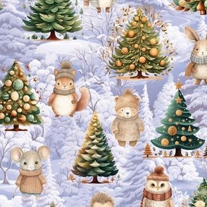 ANIMALS AND CHRISTMAS TREE WINTER PASTEL SNOWY FOREST PURPLE FLWRHT