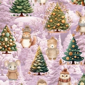 ANIMALS AND CHRISTMAS TREE WINTER PASTEL SNOWY FOREST TURQUOISE PINK FLWRHT