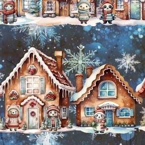 GINGERBREAD VILLAGE STREET CUTE ANIMAL KNIT WINTER BLUE FLWRHT