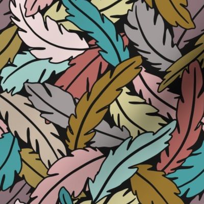 Multicolored pastel feather silhouettes - blue, pink, purple, ochre