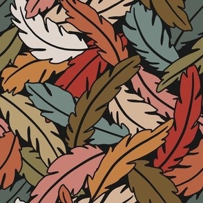 Multicolored retro feather silhouettes - red, blue, orange, pink, brown