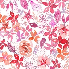 Loose watercolour, watercolor flowers orange and pinks, fall floral,  for fabric larger scale