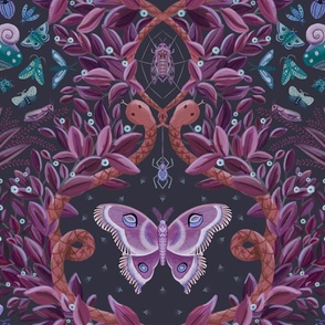 Blue and purple themed damask of a whimsical jungle - large scale.