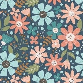 Small / Hand Drawn Flowers, Leaves, Berries in Blue, Aqua, Coral on Navy