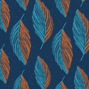 Large - Orange and Blue Feather stripes on Sapphire Blue 