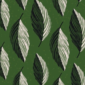 Large - Black and White Feather stripes on Green