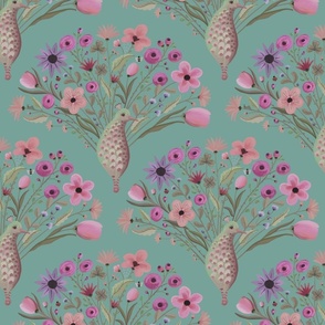 Soft color themed graphical peacocks with dainty  floral tails - whimsical and maximalist  - mid size  print.