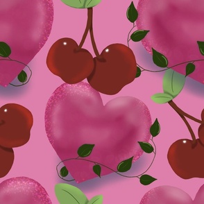 Whimsical Valentines Day Hearts and Cherry , Pink Background