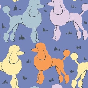 Colorful Poodle Dogs on Blue Background