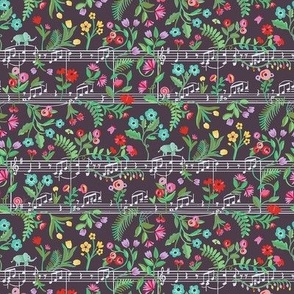 Hand drawn whimsical  garden with colorful floral , baby elephants and duet musical notes for nursery  - small