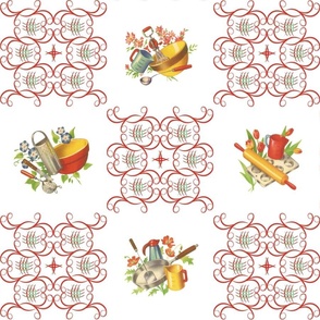 KITCHEN DAMASK LARGE - COLLINWOOD KITCHEN COLLECTION (RED AND JADITE)