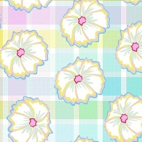 Pastel toned rainbow checks with flower pops evoke cheer and delight - Large Scale.