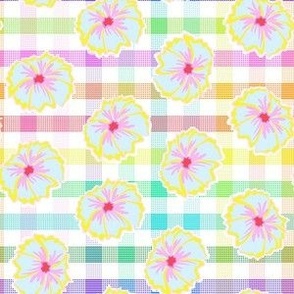  Playful retro flowers scattered on delightful gingham checks - Rainbow Pride   - small scale .