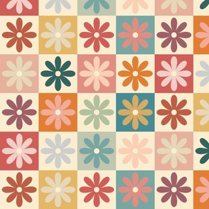 Retro Neutral Daisy Patchwork Cheater Quilt (Small)