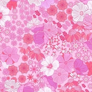 Scattered Cosmos and hibiscus flowers in bright pink monotone retro