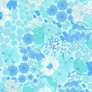 Scattered Cosmos and hibiscus flowers in turquoise monotone retro