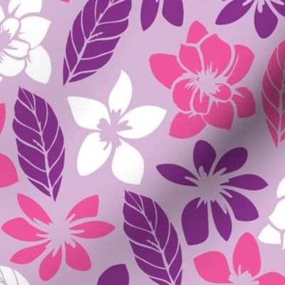 'Magnolia & Plumeria' Tropical Floral Print Purple and Pink