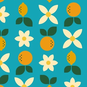 Retro Geometric Citrus Fruit - Bright Blue - LARGE