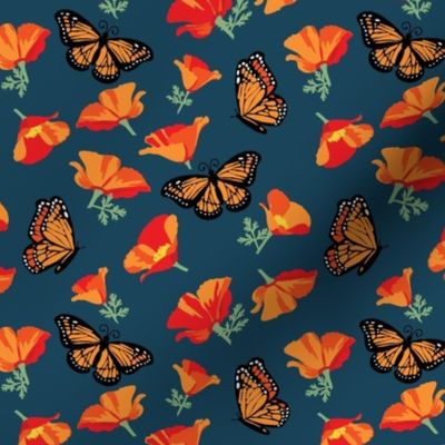 small scale // Monarch Butterfly and California poppy flowers  dark green background