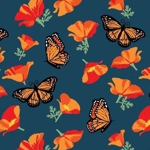 small scale // Monarch Butterfly and California poppy flowers  dark green background