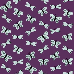 minty aqua blue-green butterflies on dark purple - small scale - shw1011 ff