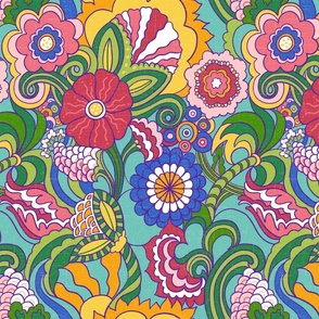 Retro '60's Groovy Flower Power in Rainbow happy Colors