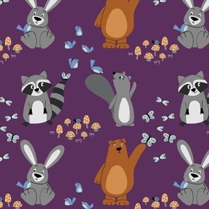 Cute Forest Animals - bear, bunny, squirrel, raccoon - dark purple background - small scale - shw1012 cc